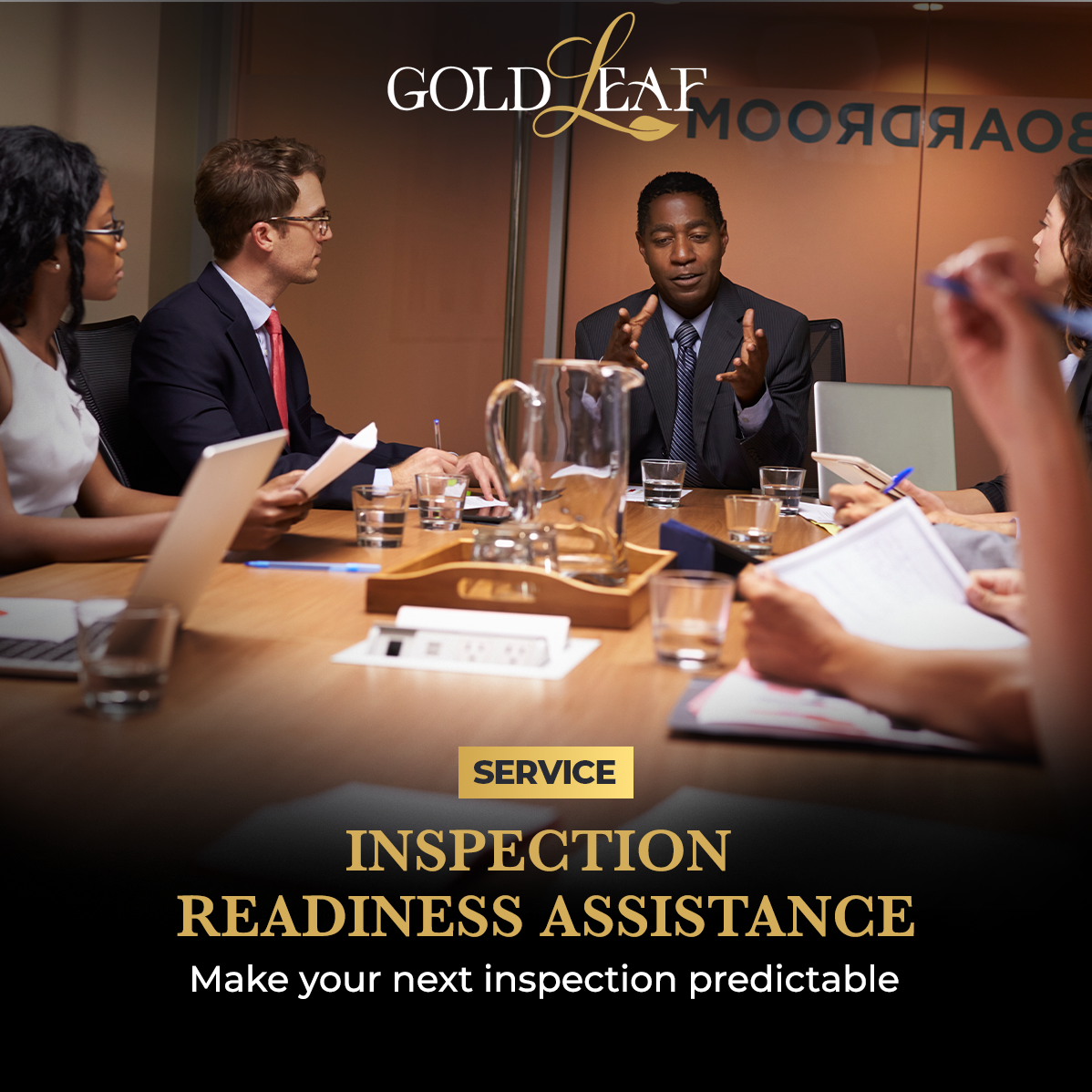 A professional compliance carousel for Gold Leaf Consulting explaining how to prepare for BVI regulatory inspections.