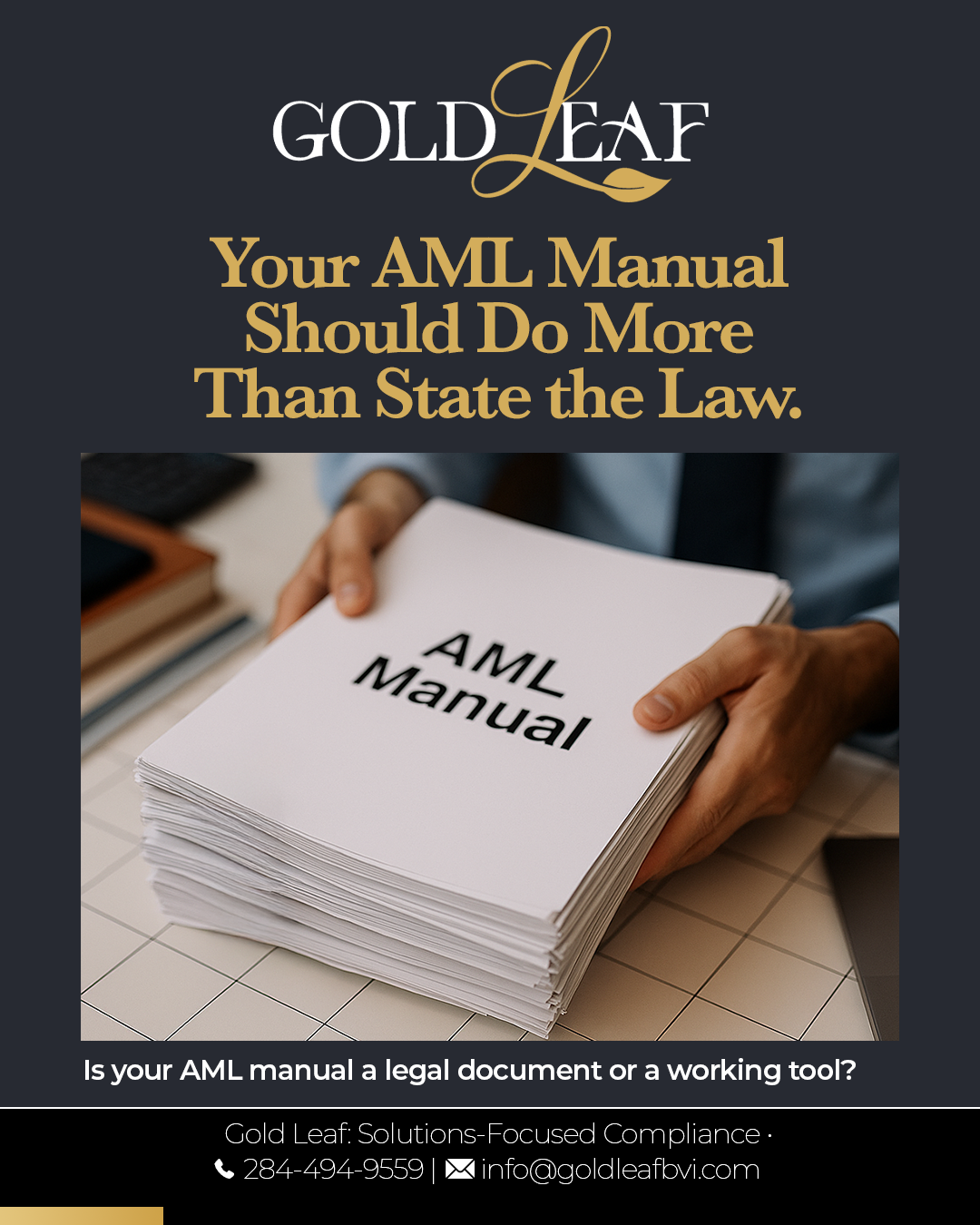 A stack of documents labeled "AML Manual" illustrating the need for functional compliance tools in the BVI.